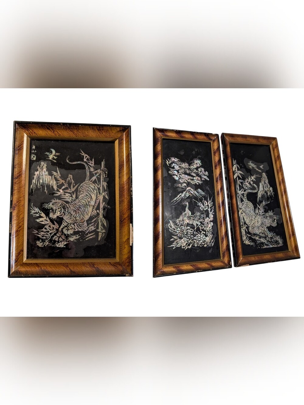 Vintage Mother of Pearl Inlay Wall Art Set of 3 Asian Oriental Tiger & Crane